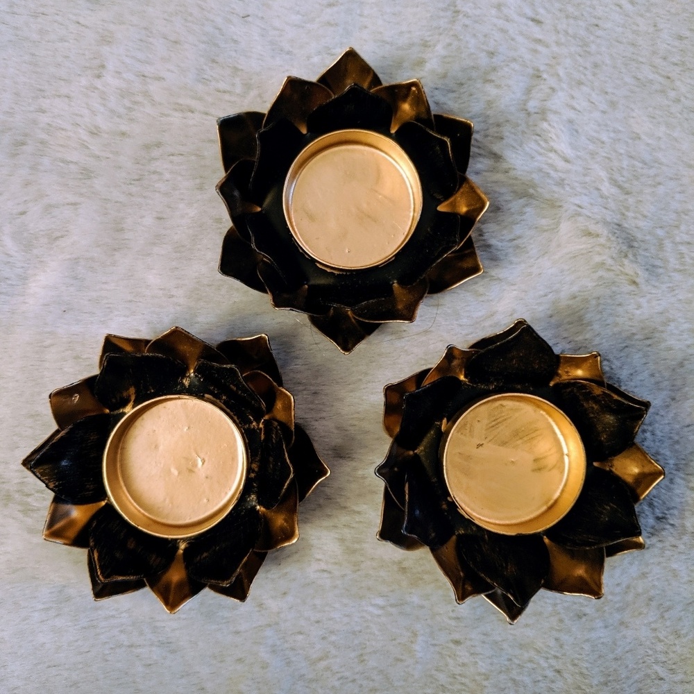 Lotus Flower Tea Light Candle Holder Gold Tone